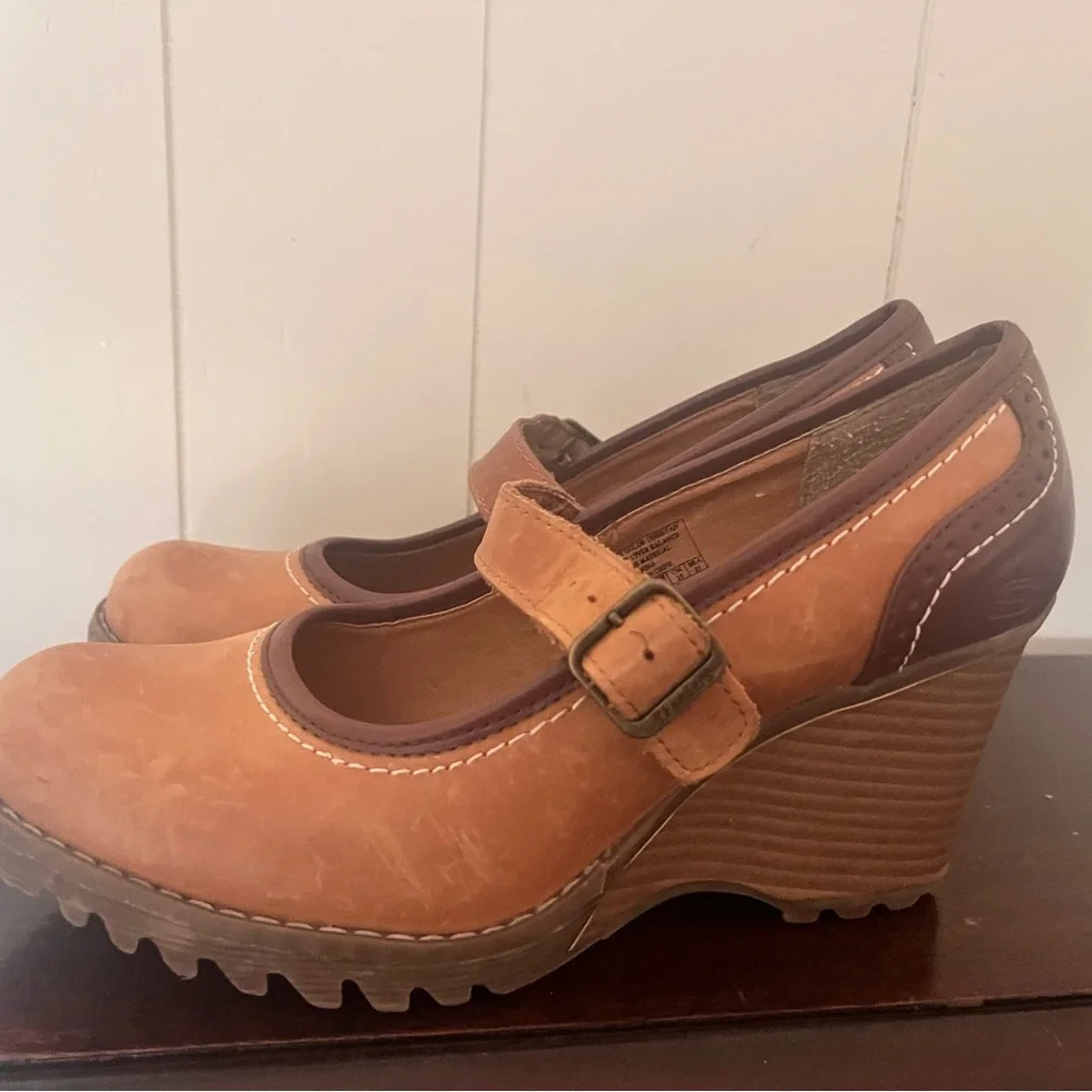 VTG Skechers Wedge Chunky Y2K Academia Mary Jane’s Platforms 8 tan and brown - Picture 4 of 7
